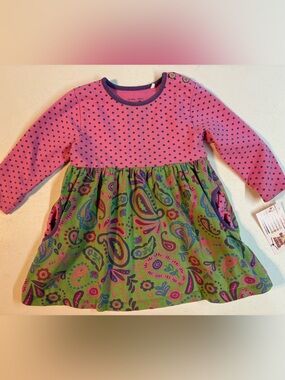 ORGANIC COTTON KITE 12-18 MONTHS ✨ infant long sleeve dress pink & green VGUC